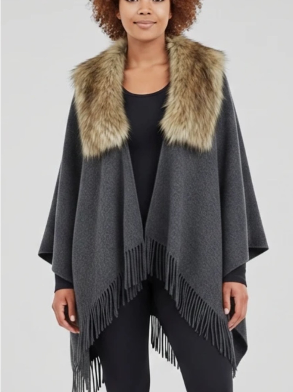 J. Crew Charcoal Gray Poncho with Faux Fur Collar